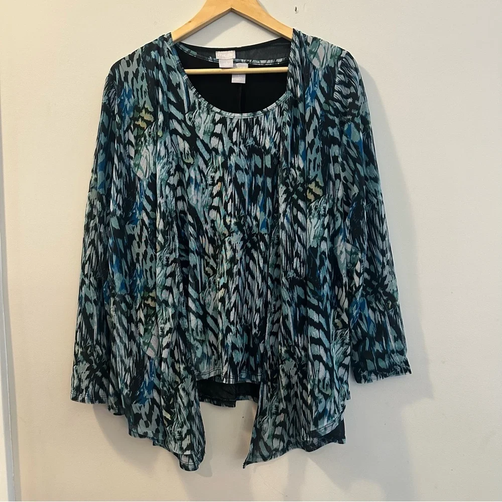 Chico’s Leaf-Print Mesh Cardigan and Matching Tank Set Size Medium Open Front